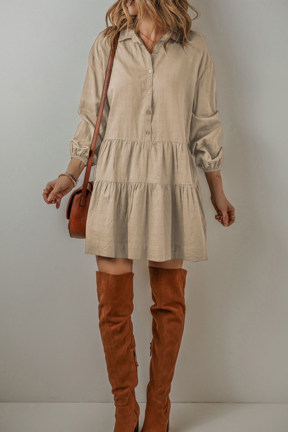 Hazel Blues® | Tiered Collared Neck Balloon Sleeve Shirt Dress