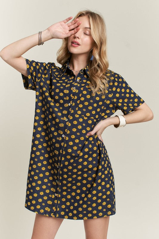 Hazel Blues® | ADORA Floral Button-Up Mini Denim Dress