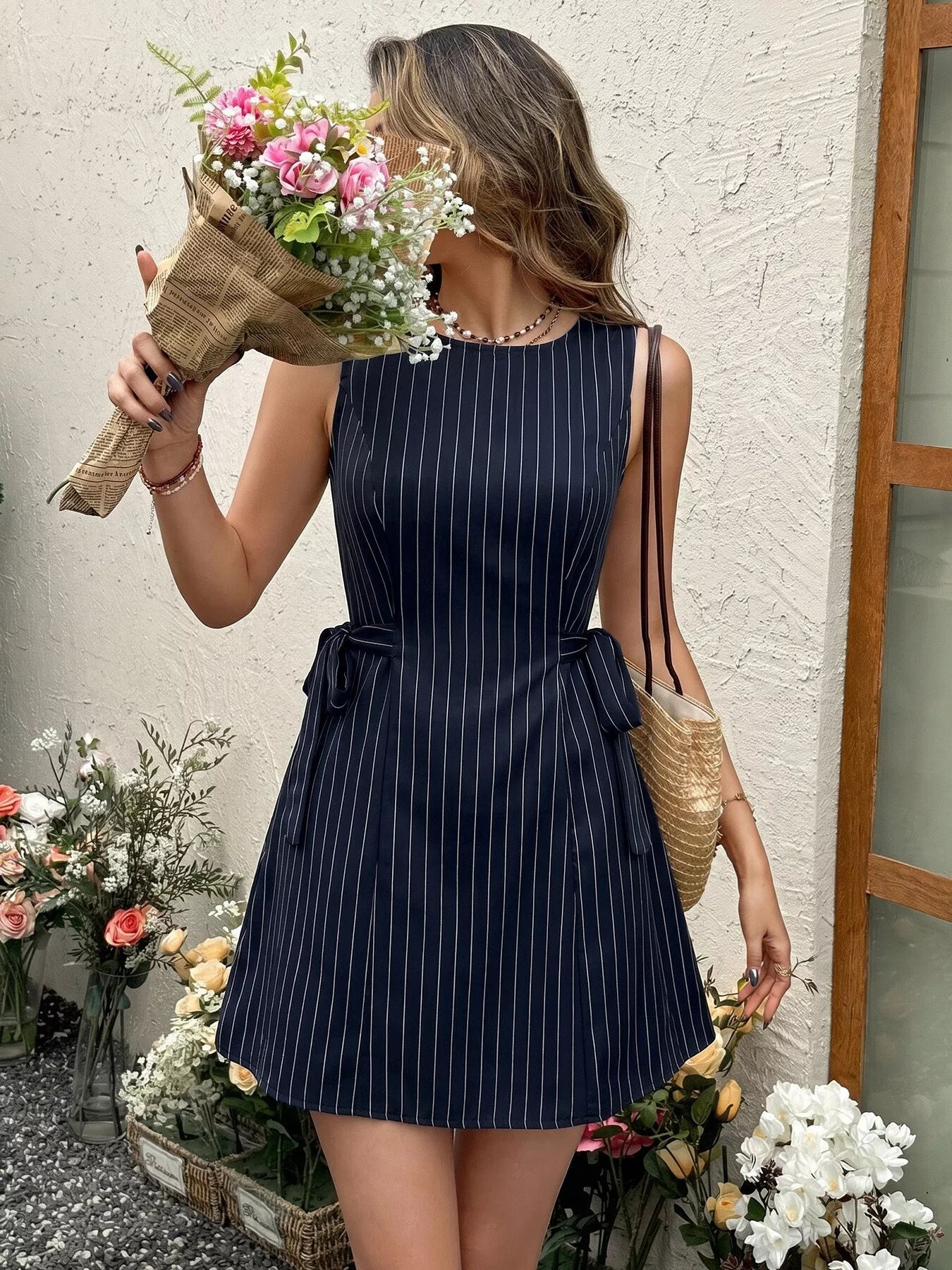Hazel Blues® | Striped Sleeveless Tie Waist Dress
