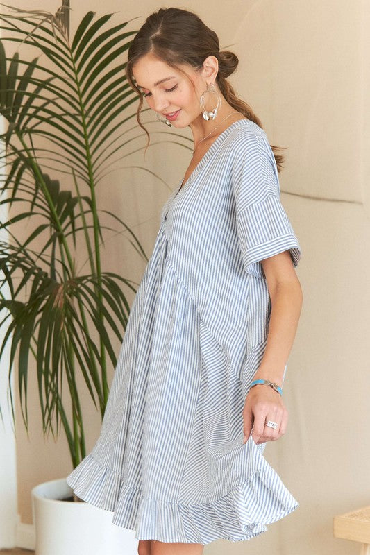 Hazel Blues® | ADORA Ruffled Hem Striped V-Neck Babydoll Dress