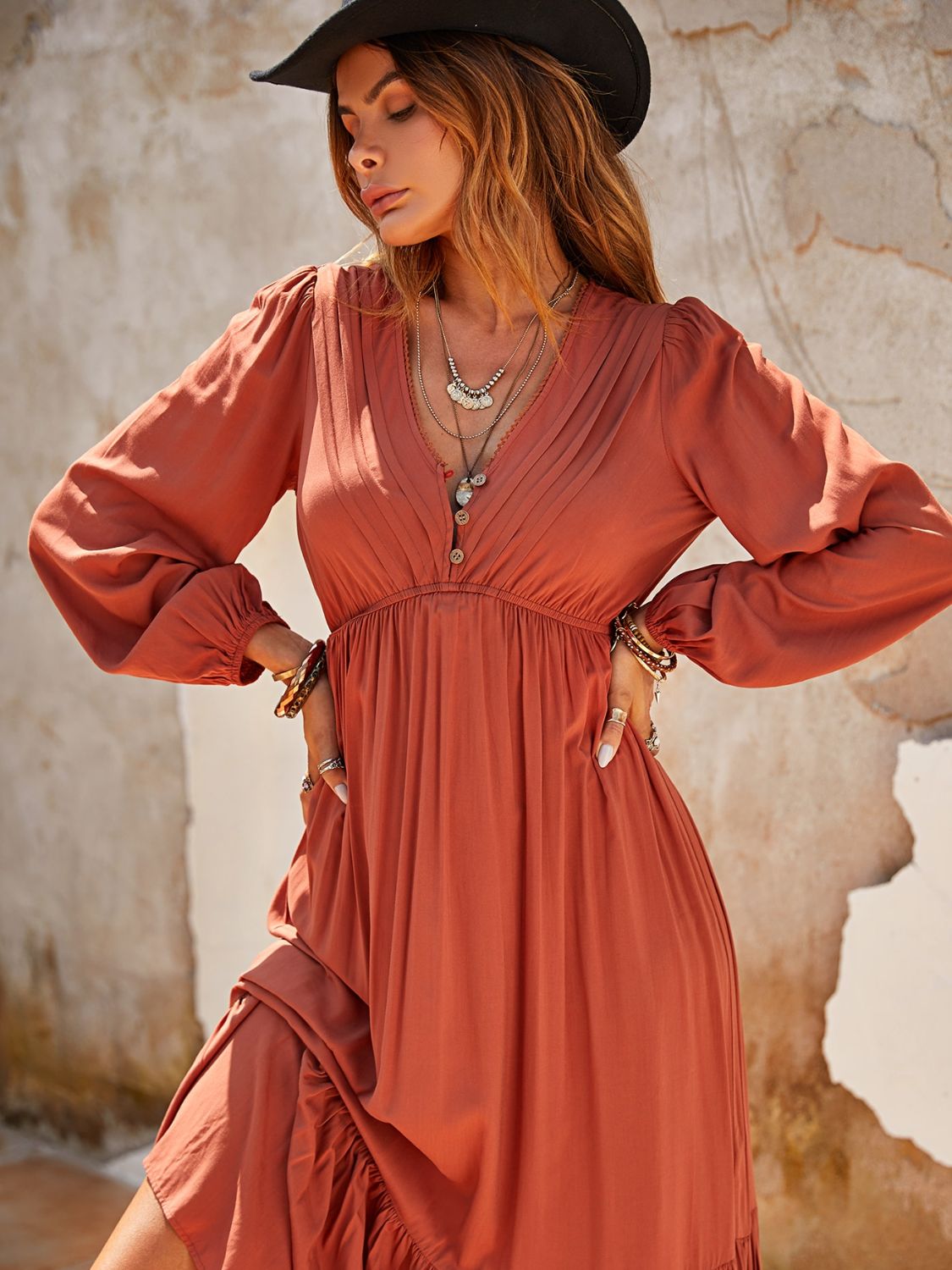 Hazel Blues® | Ruched V-Neck Long Sleeve Midi Dress