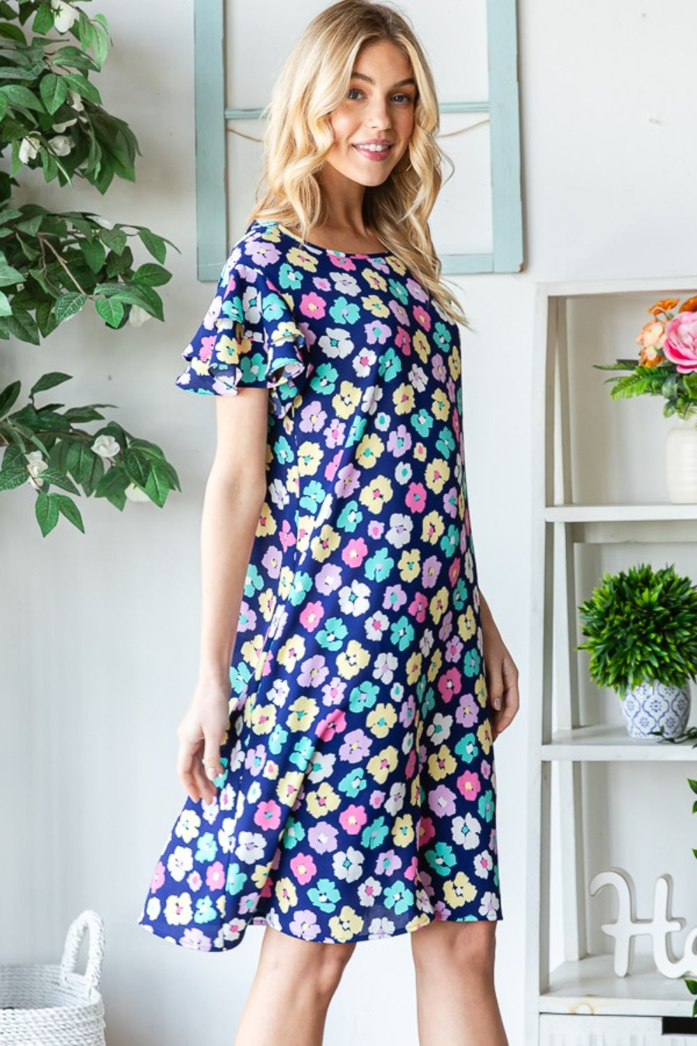 Hazel Blues® | Heimish Floral Ruffled Short Sleeve Dress with Pockets
