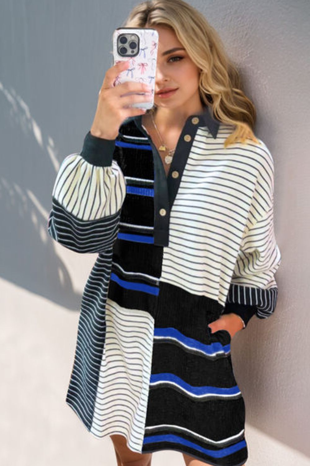 Hazel Blues® | Oh Striped Half Button Long Sleeve Mini Dress