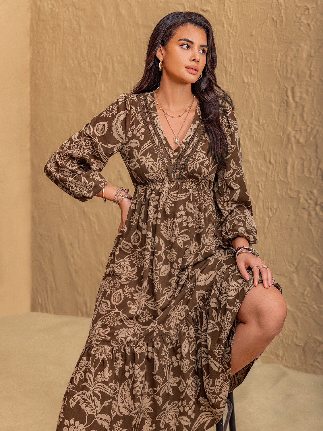 Hazel Blues® | Ruched Printed V-Neck Long Sleeve Midi Dress