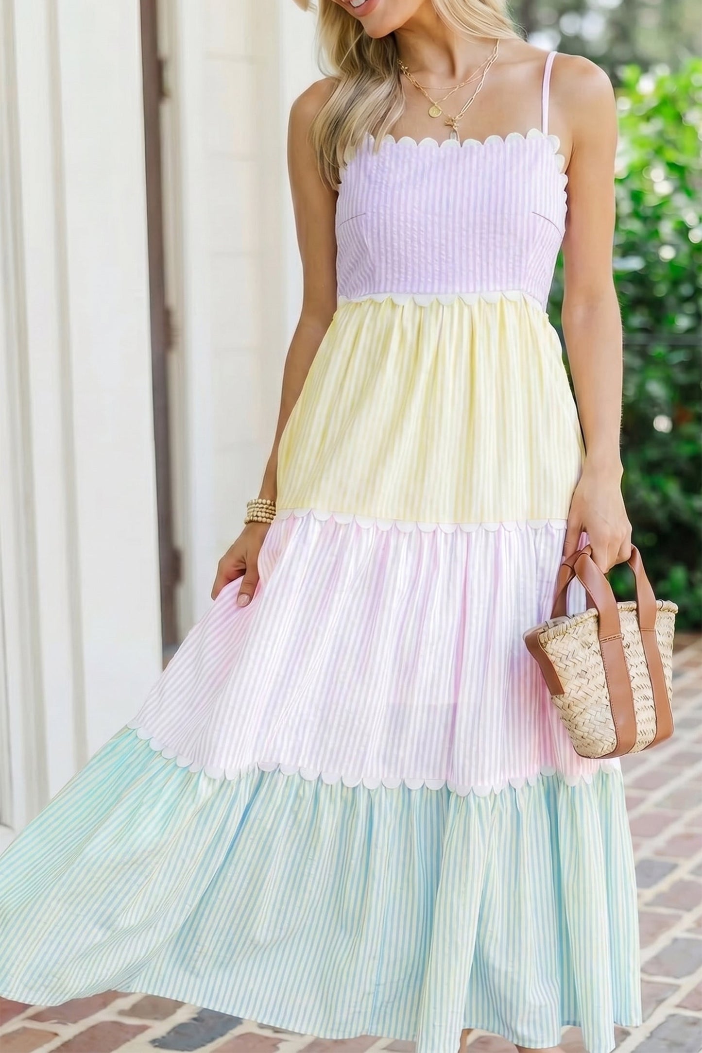 Hazel Blues® | Multicolour Striped Colorblock Adjustable Strap Scalloped Detail Long Dress