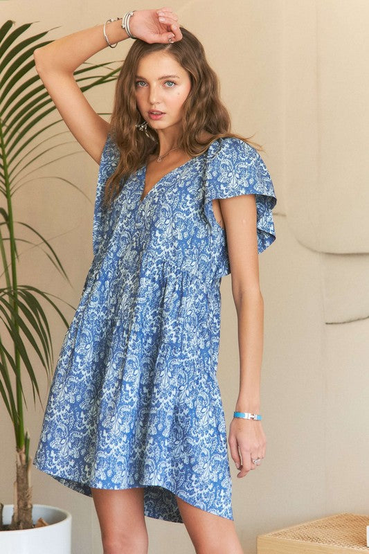 Hazel Blues® | ADORA Printed V-Neck Ruffle Sleeve Mini Dress