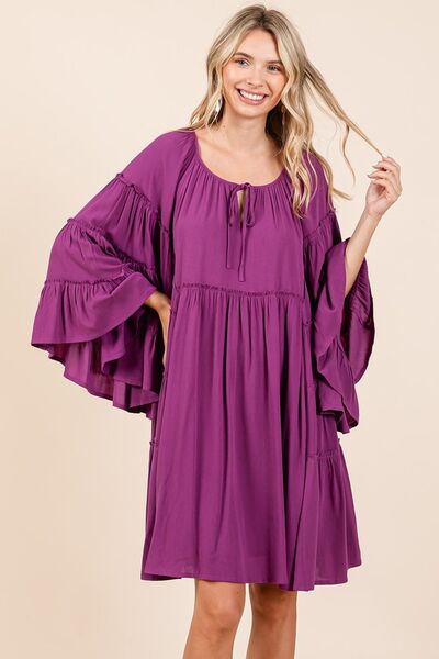 Hazel Blues® | Mittoshop Frill Tie Neck Bell Sleeve Dress