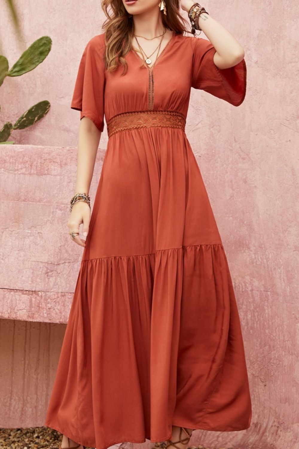 Hazel Blues® | Lace Detail V-Neck Half Sleeve Midi Dress