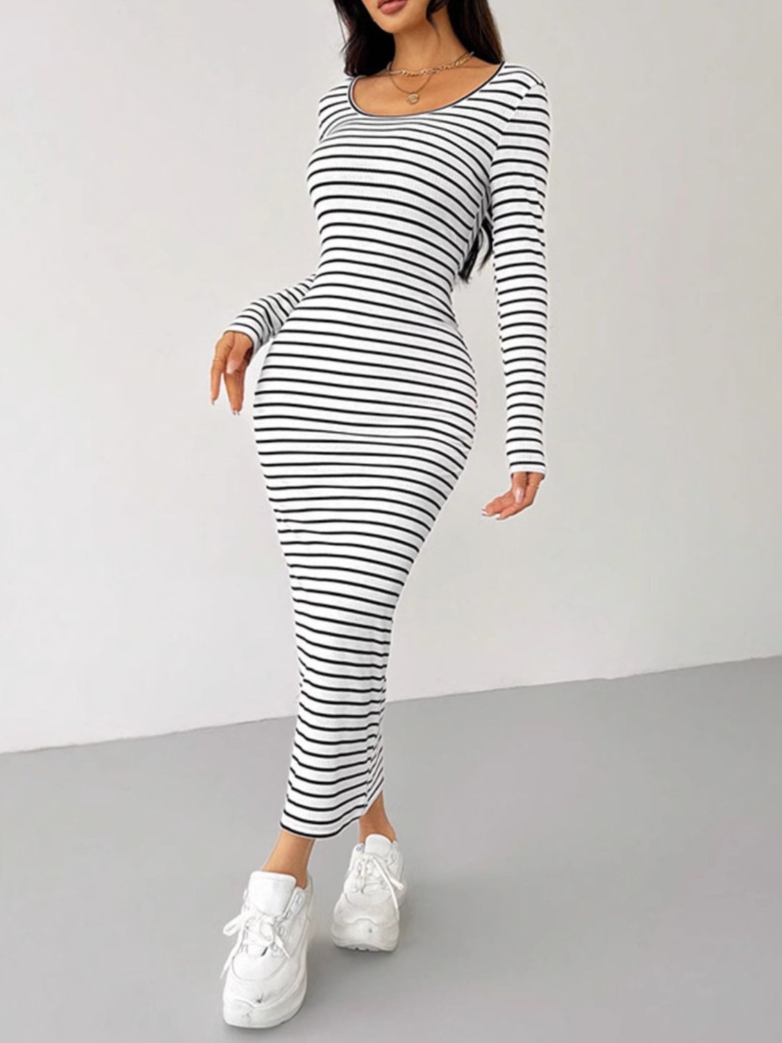 Hazel Blues® | Striped Scoop Neck Long Sleeve Midi Tee Dress
