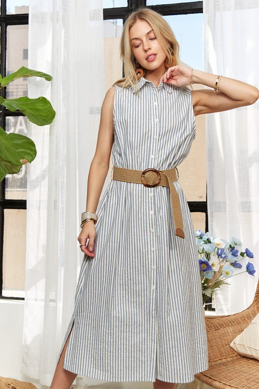 Hazel Blues® | ADORA Striped Button Down Sleeveless Midi Dress