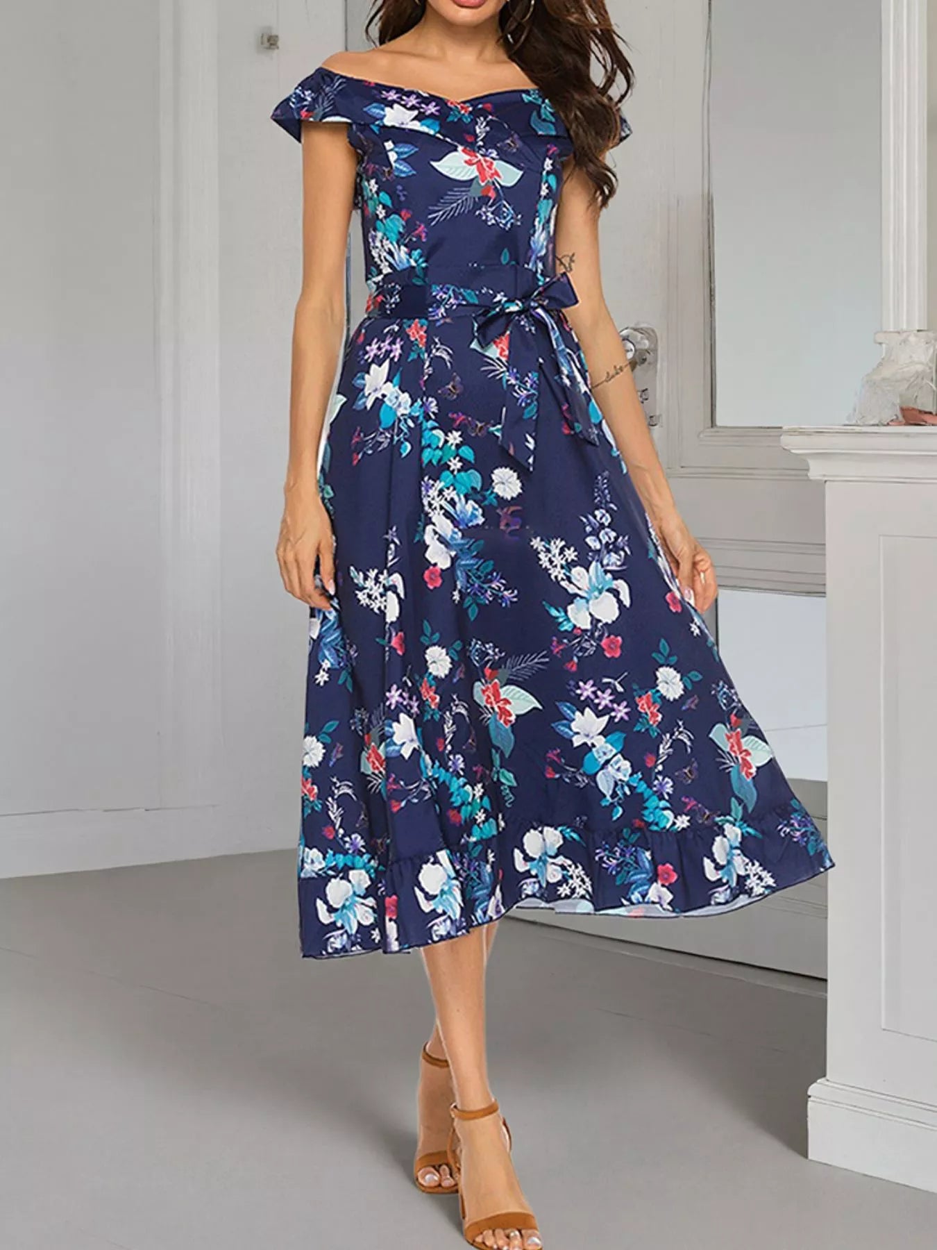 Hazel Blues® | Floral Print Off Shoulder Midi Dress