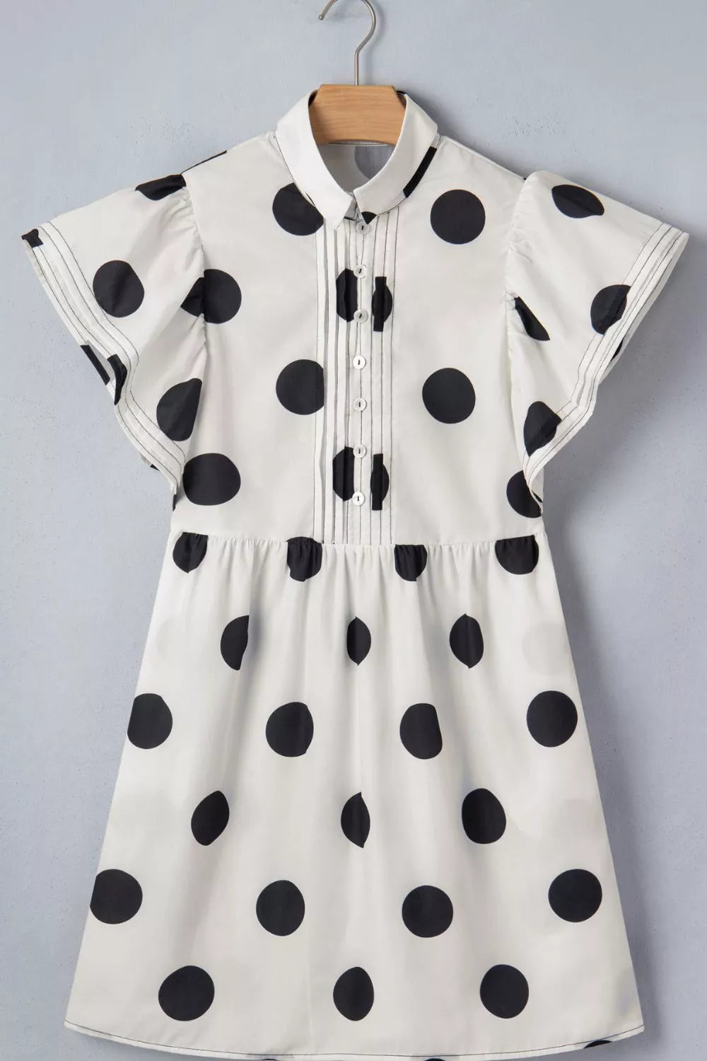 Hazel Blues® | Polka Dot Print Half Button Ruffled Short Sleeve Loose Mini Dress