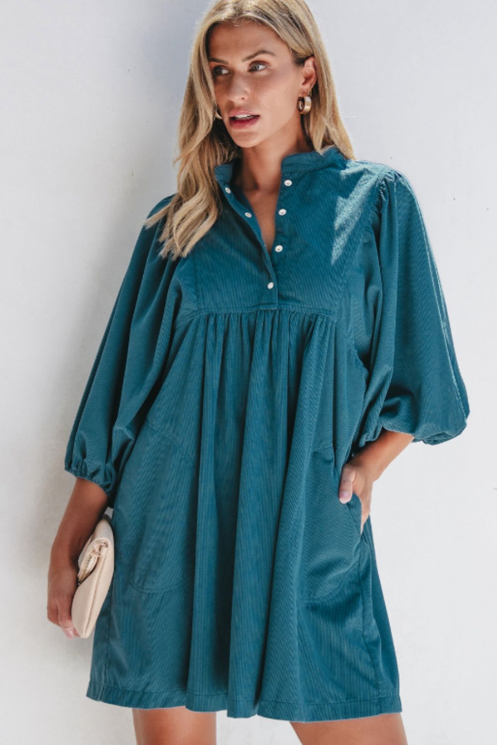 Hazel Blues® | Corduroy Quarter Snap Three-Quarter Sleeve Dress