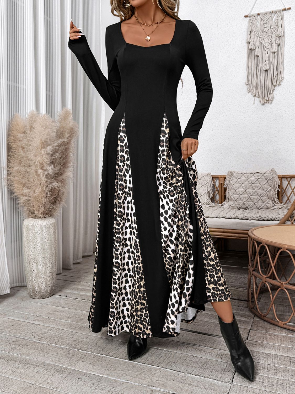 Hazel Blues® | Perfee Leopard Square Neck Long Sleeve Maxi Dress