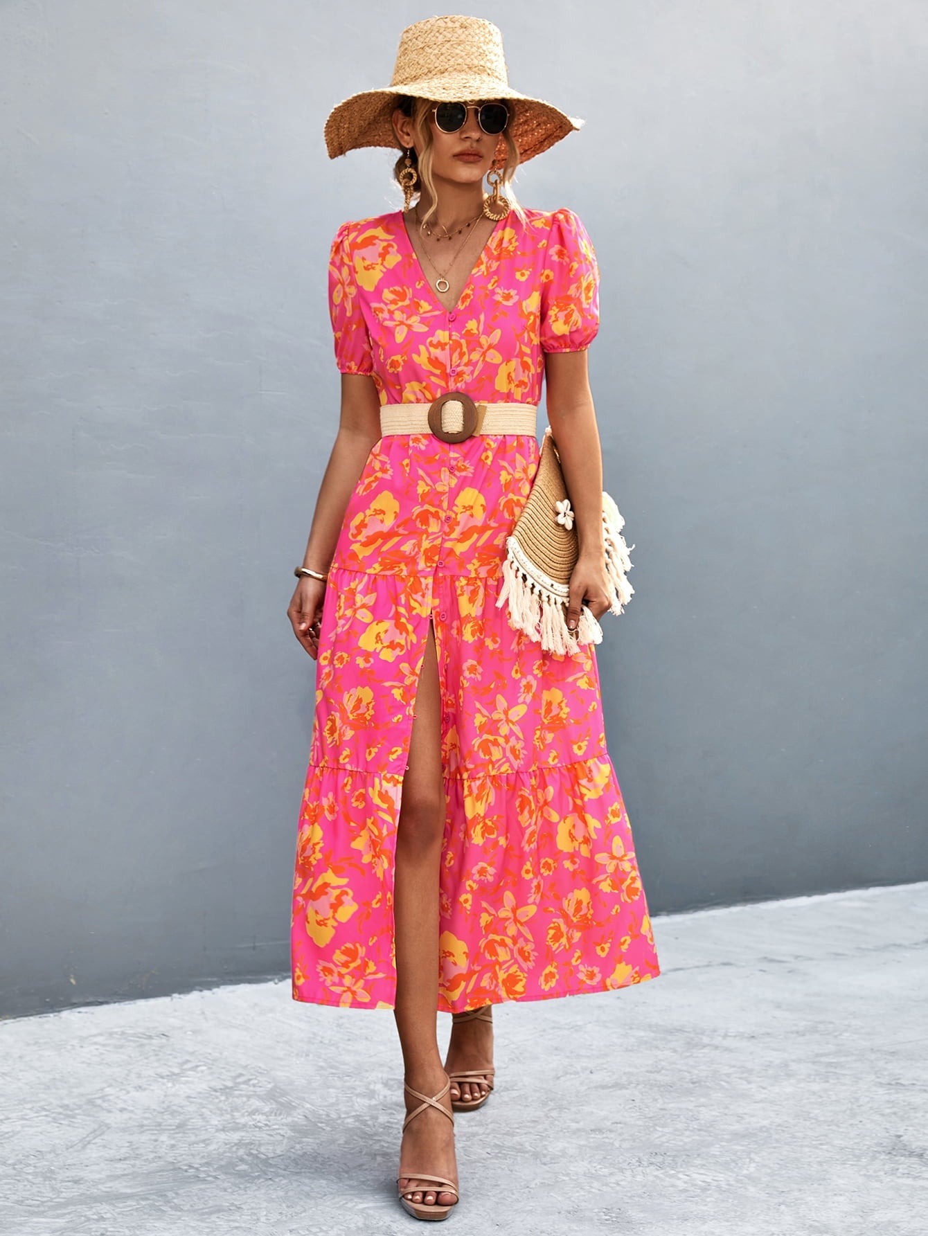 Hazel Blues® | V-Neck Short Sleeve High Slit Midi Dress
