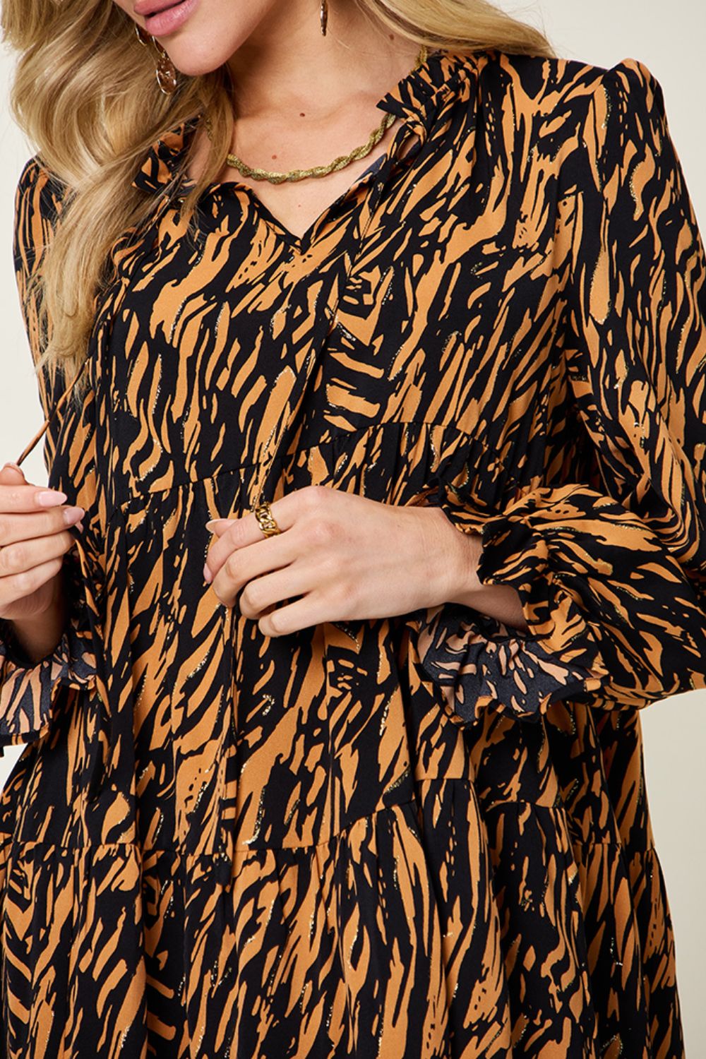 Hazel Blues® | Double Take Printed Ruffle Hem Long Sleeve Dress