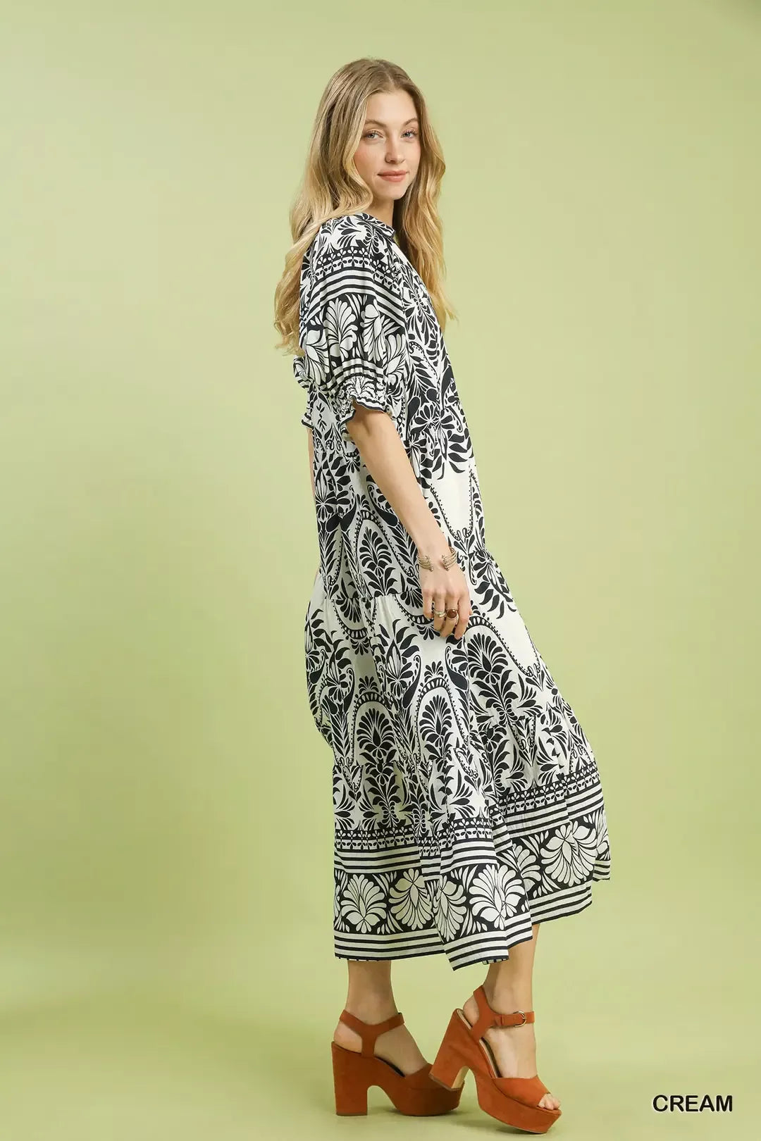 Hazel Blues® | Umgee Two tone Border Print Midi Dress