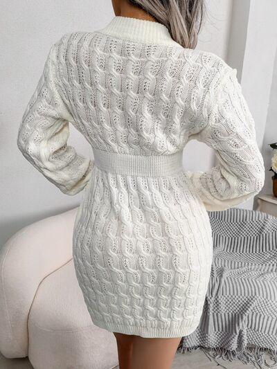 Hazel Blues® | Cable-Knit Round Neck Mini Wrap Sweater Dress