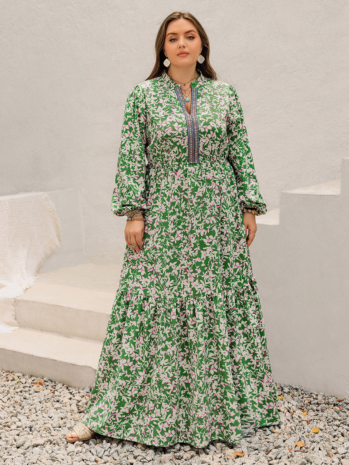 Hazel Blues® | Printed Notched Long Sleeve Maxi Dress