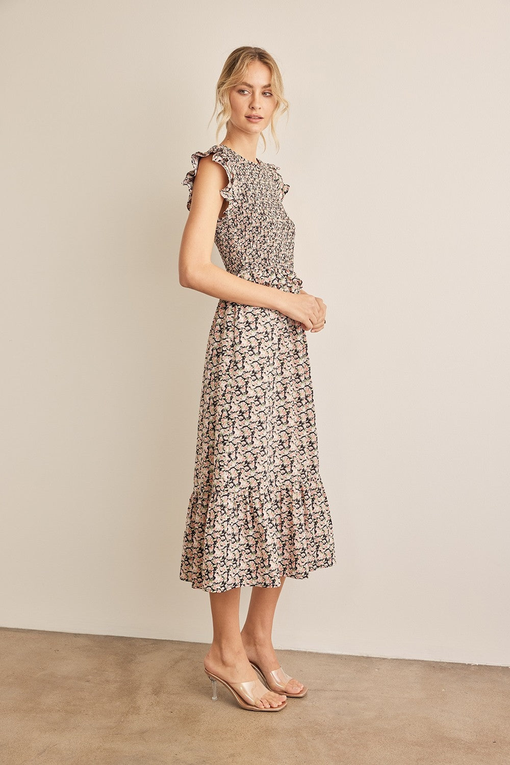 Hazel Blues® | In February Floral Smocked Ruffled Midi Dress