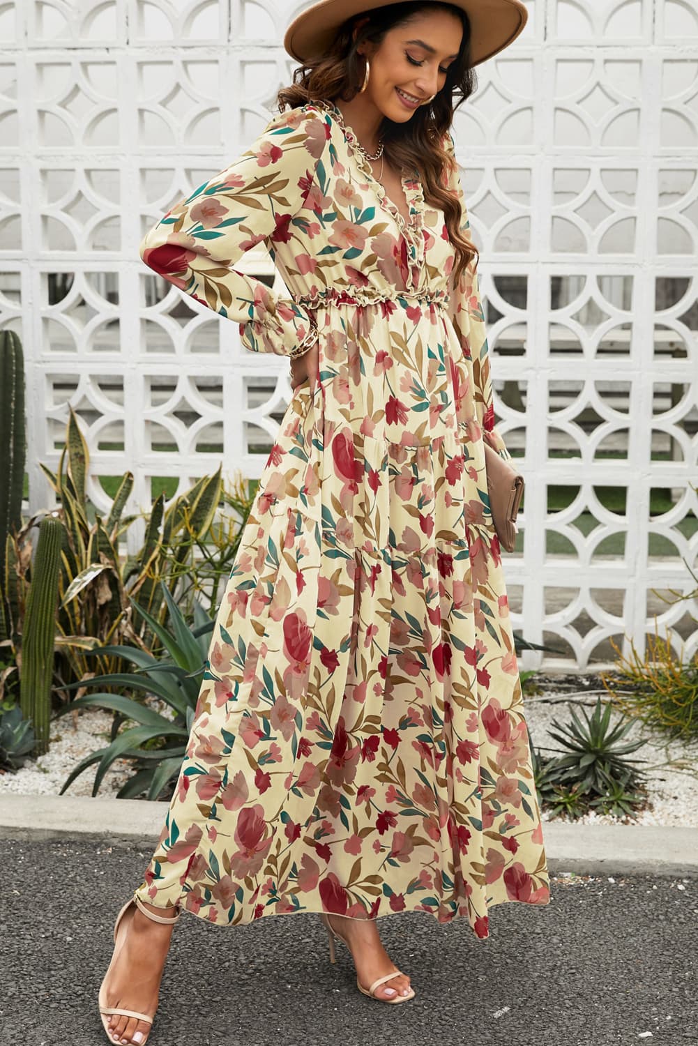 Hazel Blues® | Floral Frill Trim Flounce Sleeve Plunge Maxi Dress