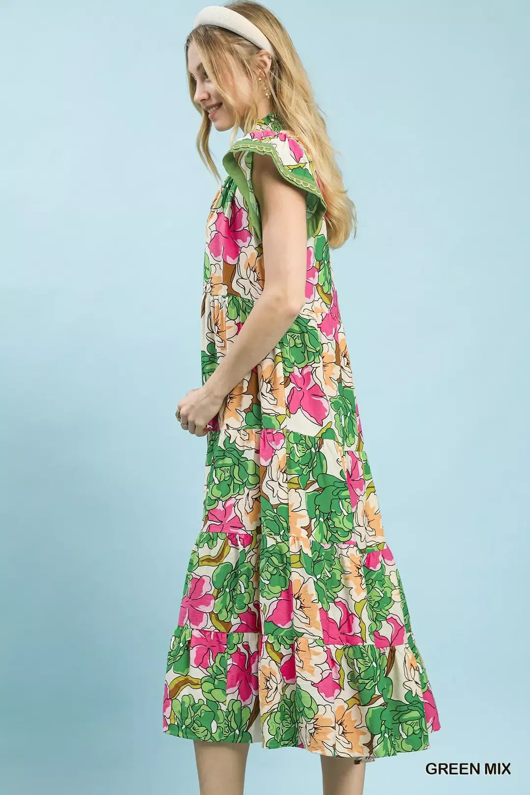 Hazel Blues® | Umgee Mix Bold Floral Tiered Midi Dress
