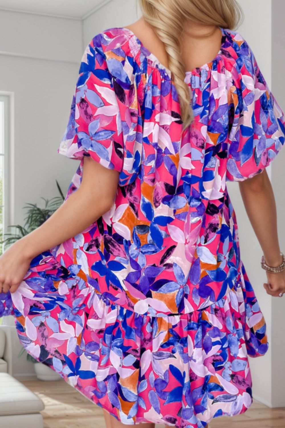 Hazel Blues® | Printed Square Neck Short Sleeve Mini Dress