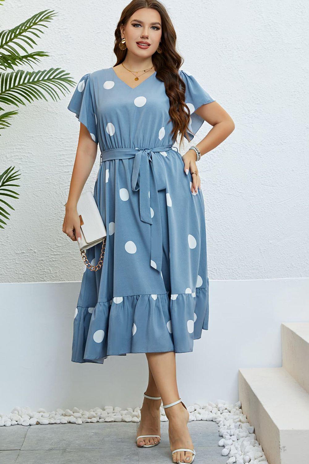 Hazel Blues® | Polka Dot Belted Flutter Sleeve Ruffle Hem Dress