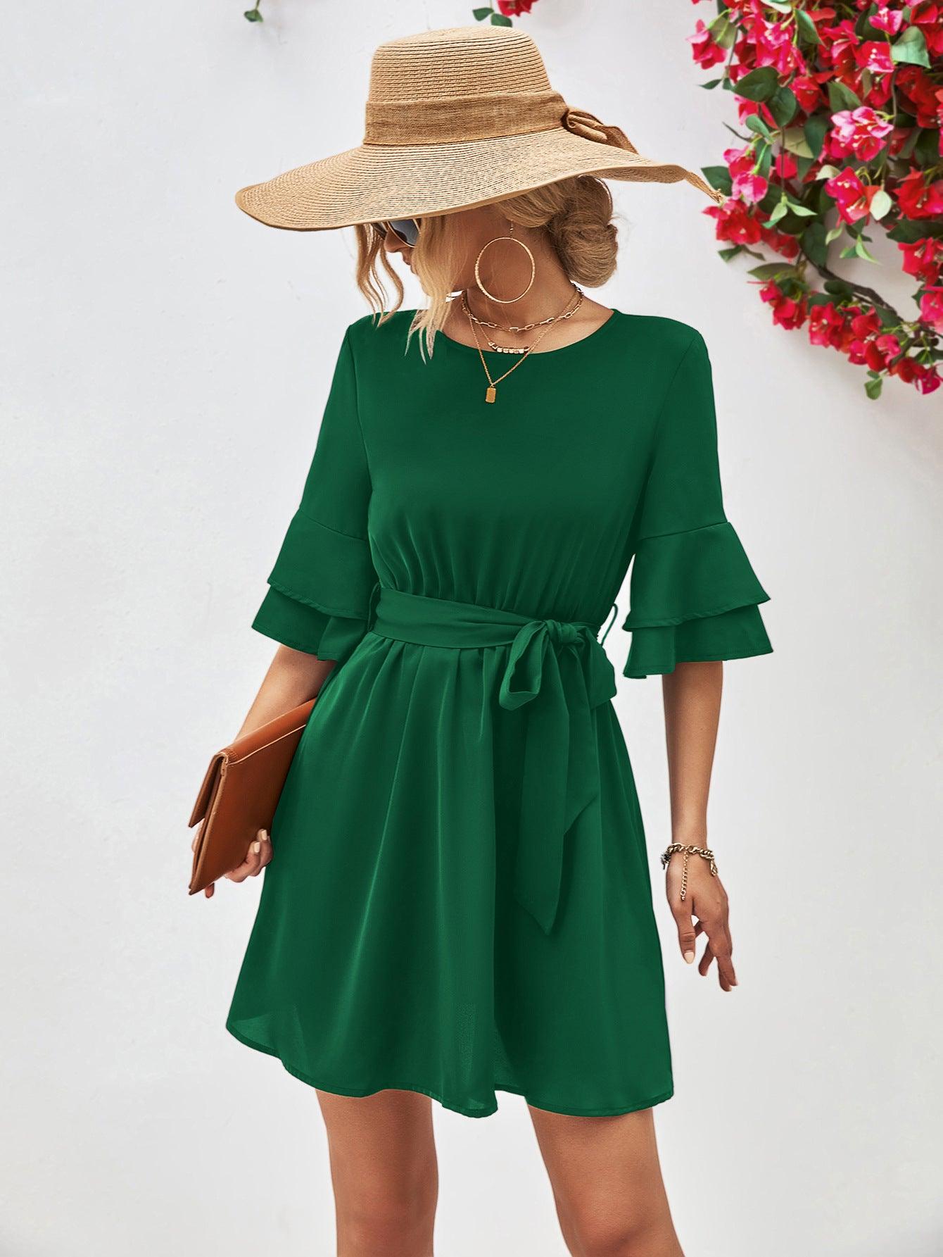 Hazel Blues® | Round Neck Tie Belt Flounce Sleeve Dress