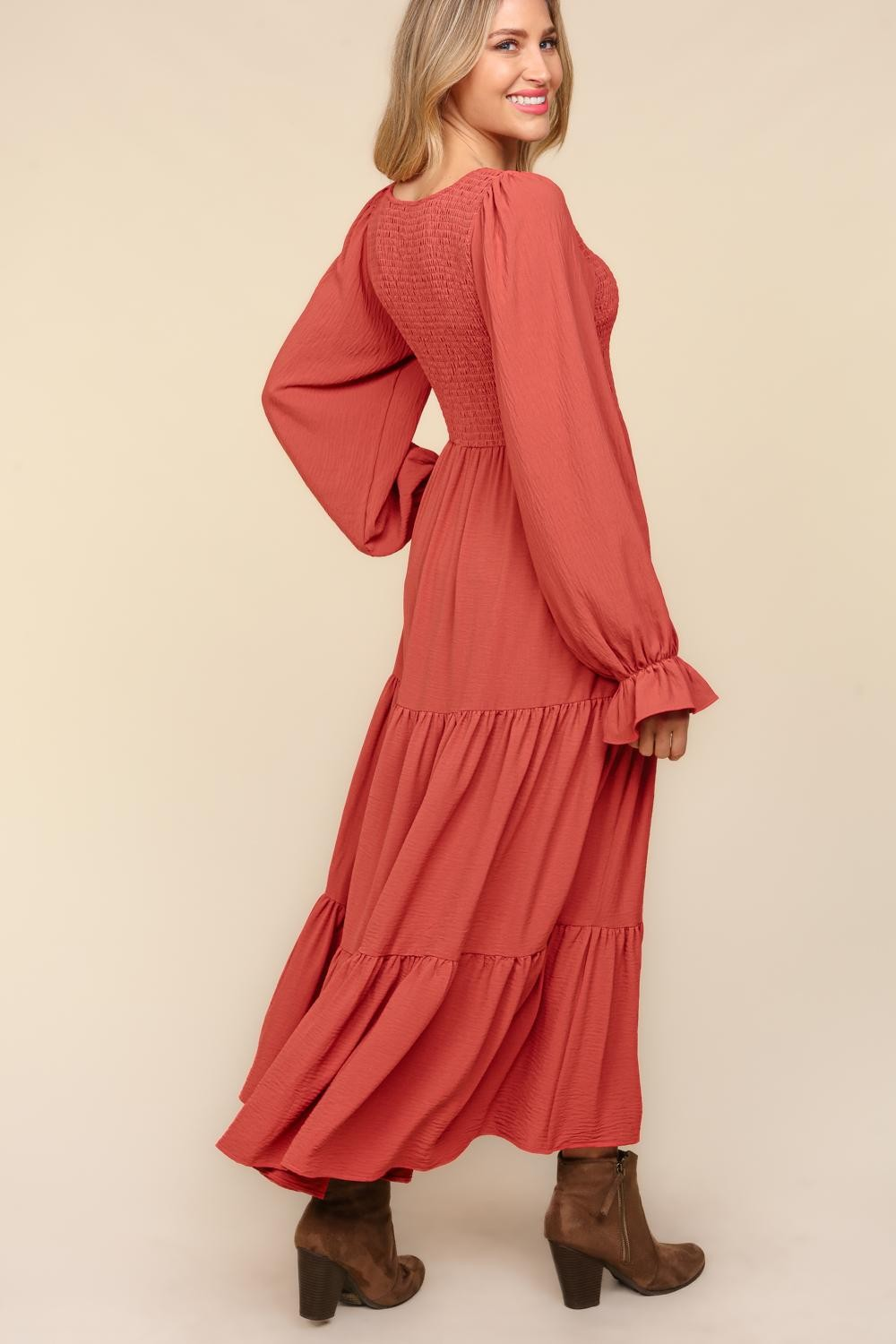 Hazel Blues® | Smocking Maxi Woven Dress with Side Pockets in Marsala