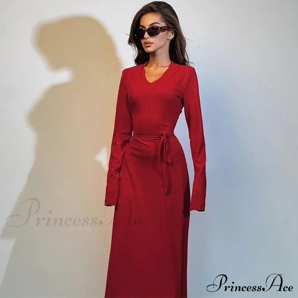 Ribbed Knitted Tie-detailed Fashionable Club-ready Birthday Autumnal Maxi Dress
