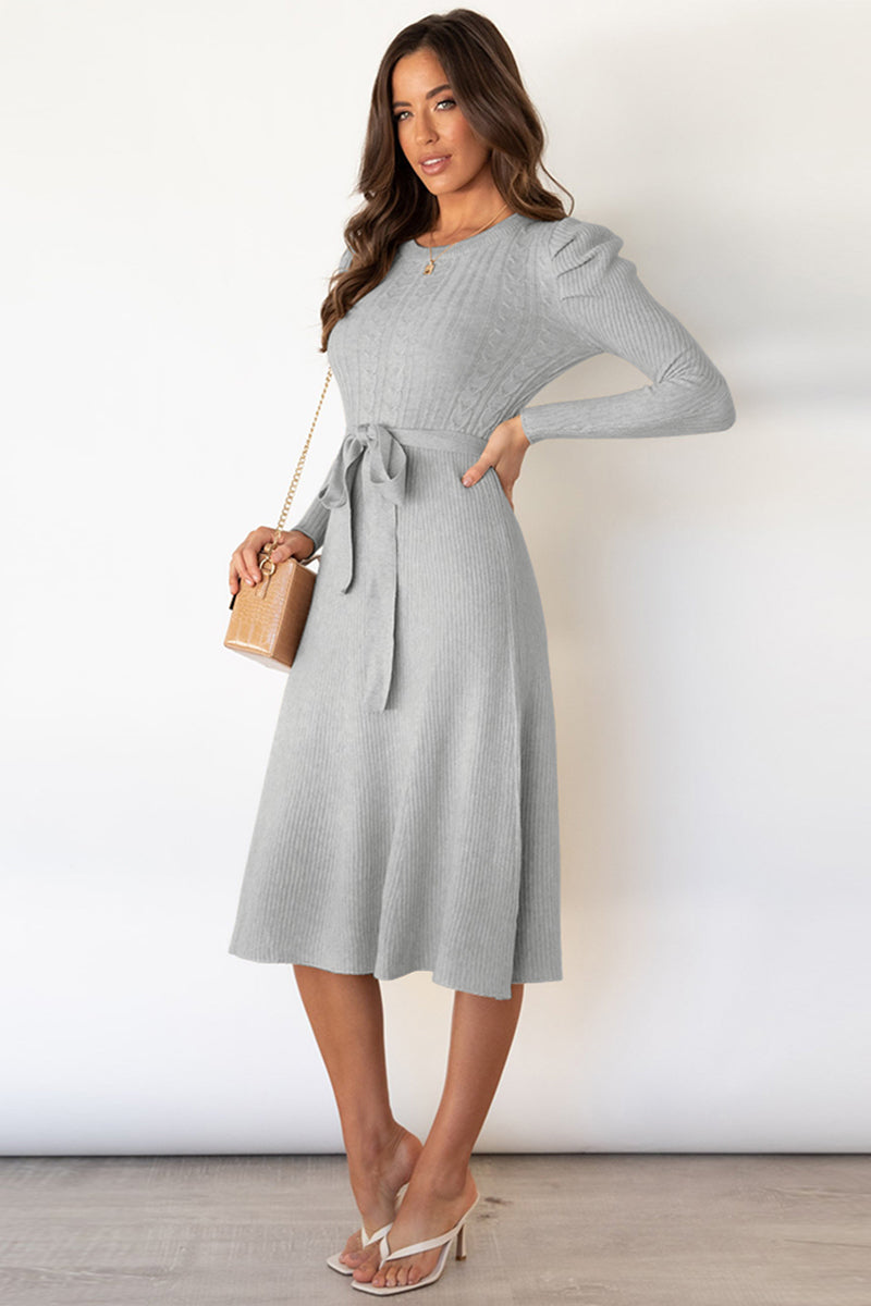 Hazel Blues® |  Round Neck Long Sleeve Tie Waist Sweater Dress