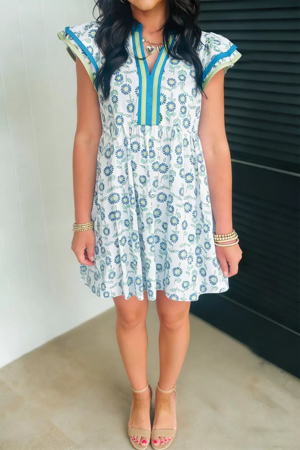 Hazel Blues® |  Printed Notched Cap Sleeve Dress
