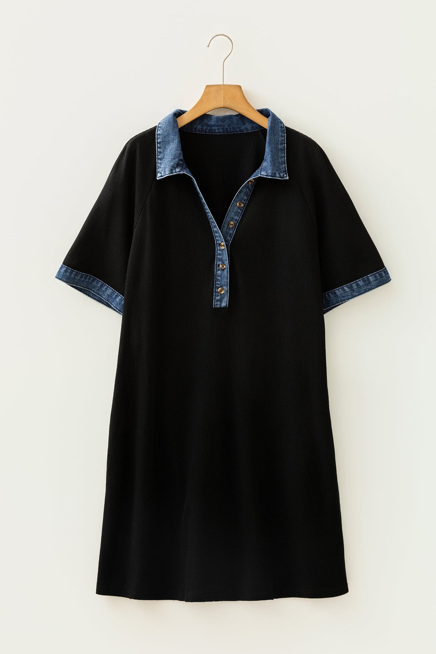 Hazel Blues® | Black Colorblock Denim Collar Short Sleeve Shift Dress