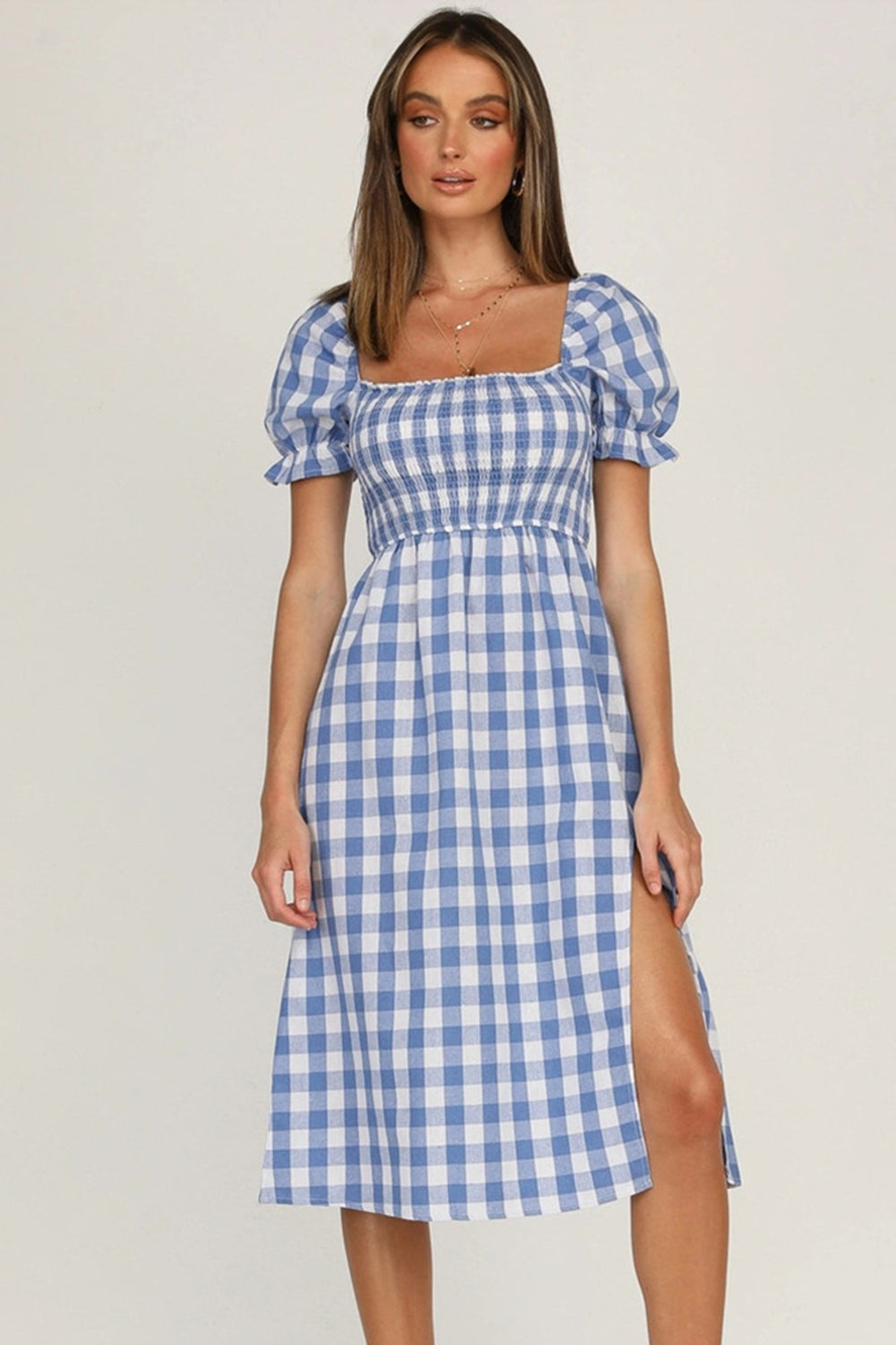 Hazel Blues® |  Slit Plaid Short Sleeve Midi Dress