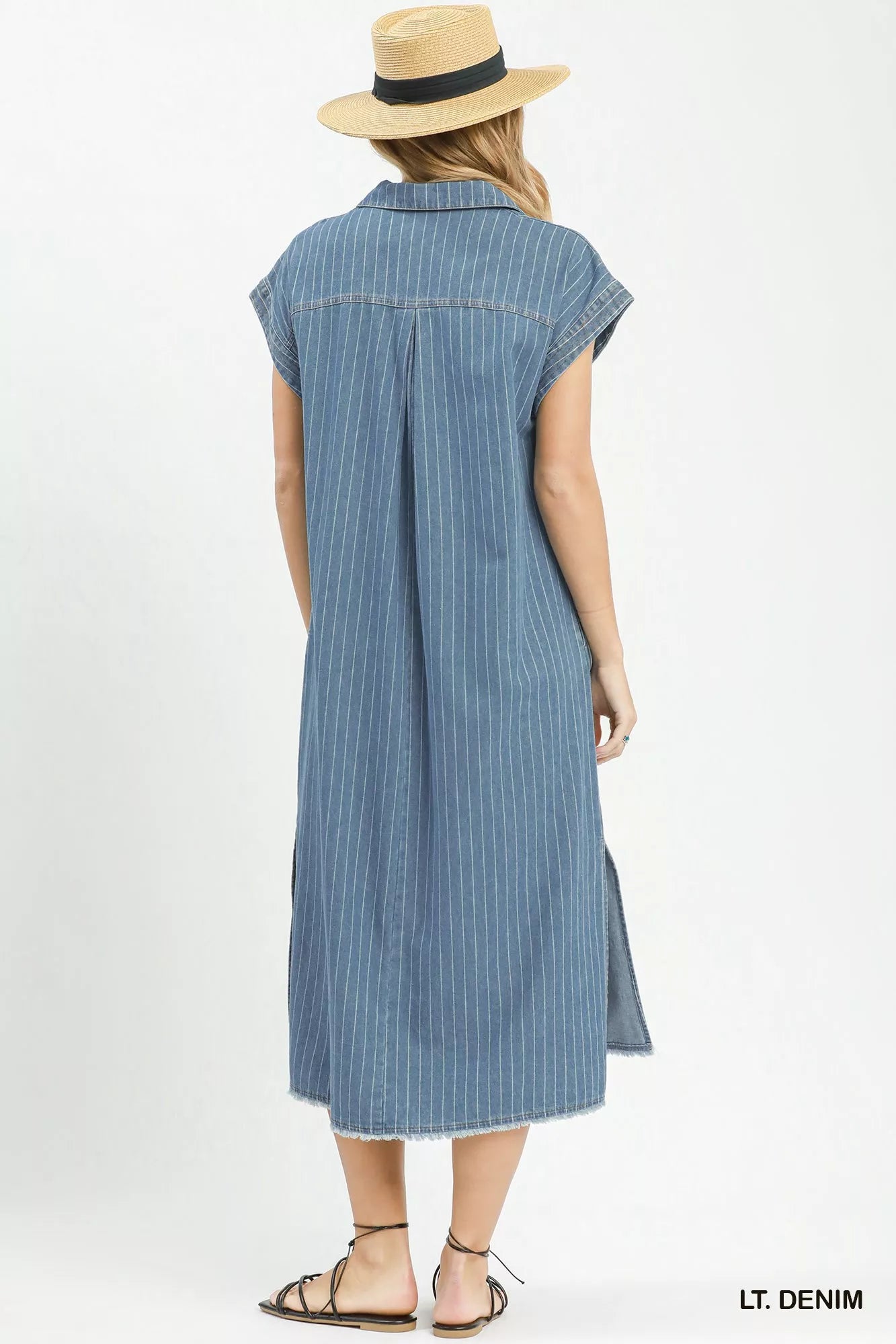Hazel Blues® |  Umgee Pinstripe Denim Collared Midi Dress with Side Slits