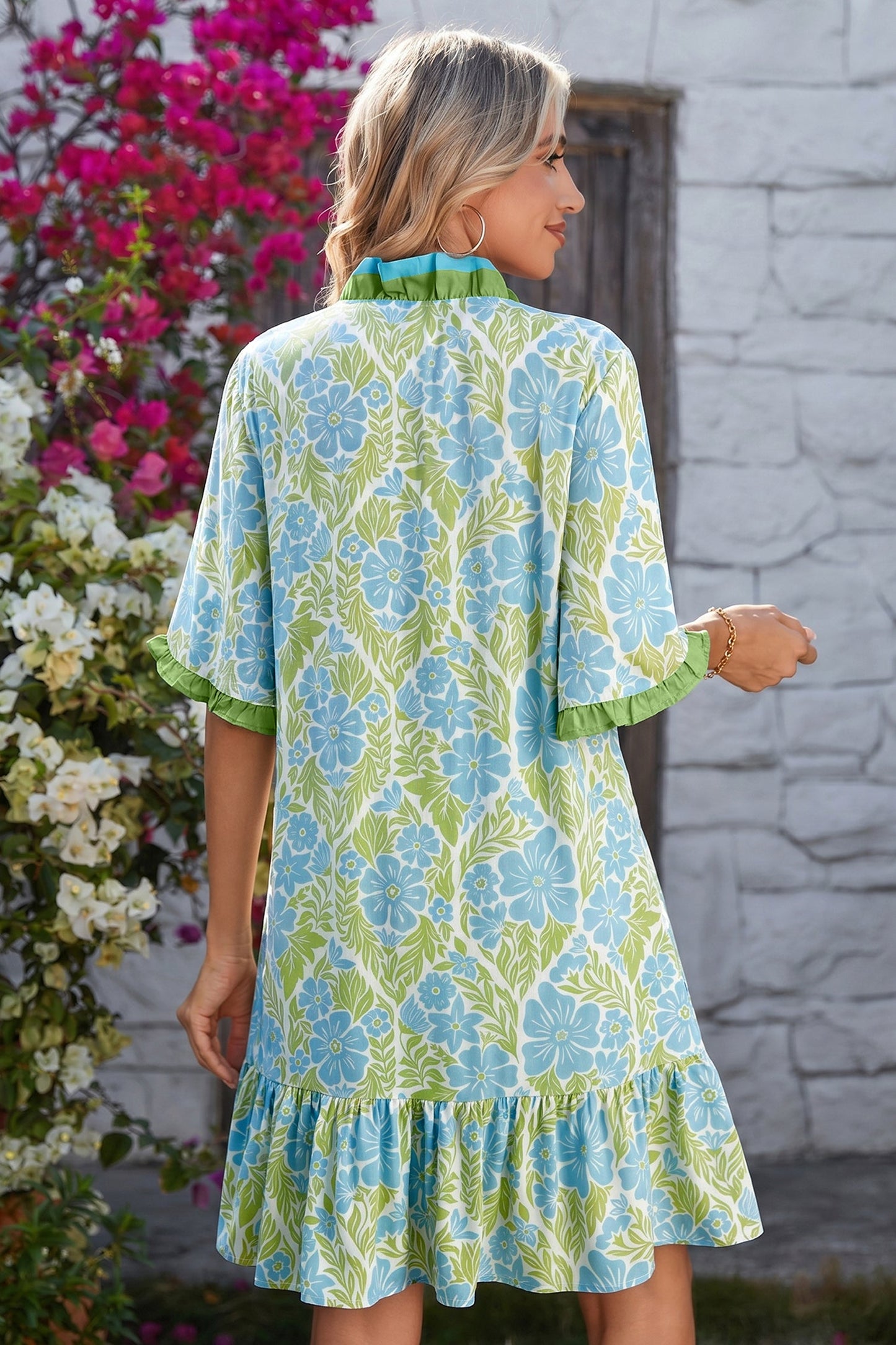 Hazel Blues® |  Sunday Bloom Dress | Floral V-Neck Button Dress