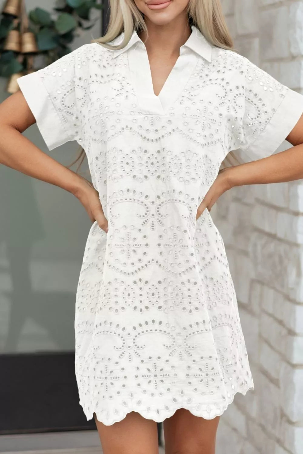 Hazel Blues® |  Solid Color Eyelet Embroidered T Shirt Mini Dress