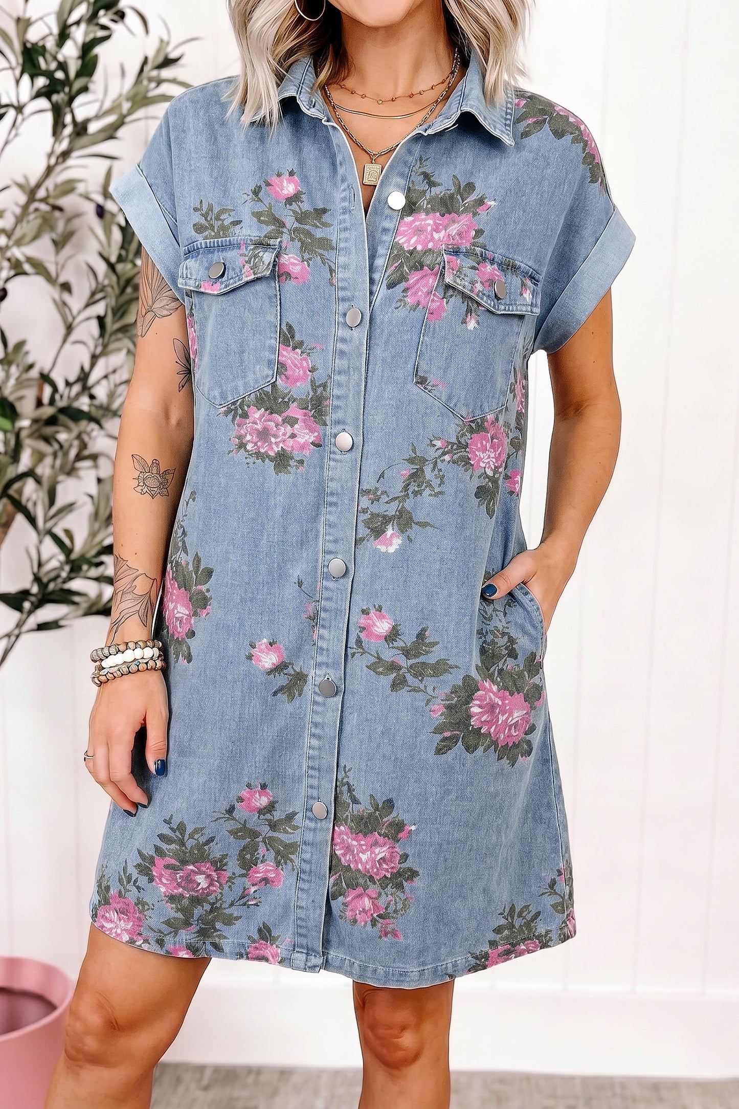 Hazel Blues® |  Sky Blue Denim Floral Print Cuffed Short Sleeve Button Down Shift Dress