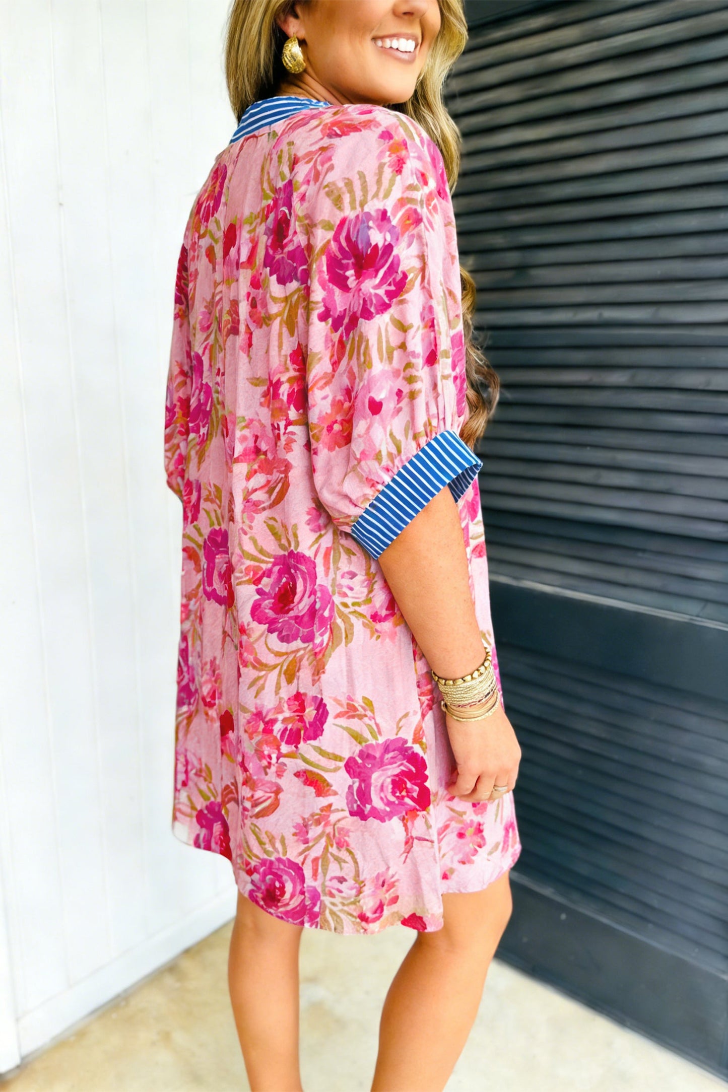 Hazel Blues® |  Multicolour Floral Striped Patchwork Trim Half Sleeve Mini Dress
