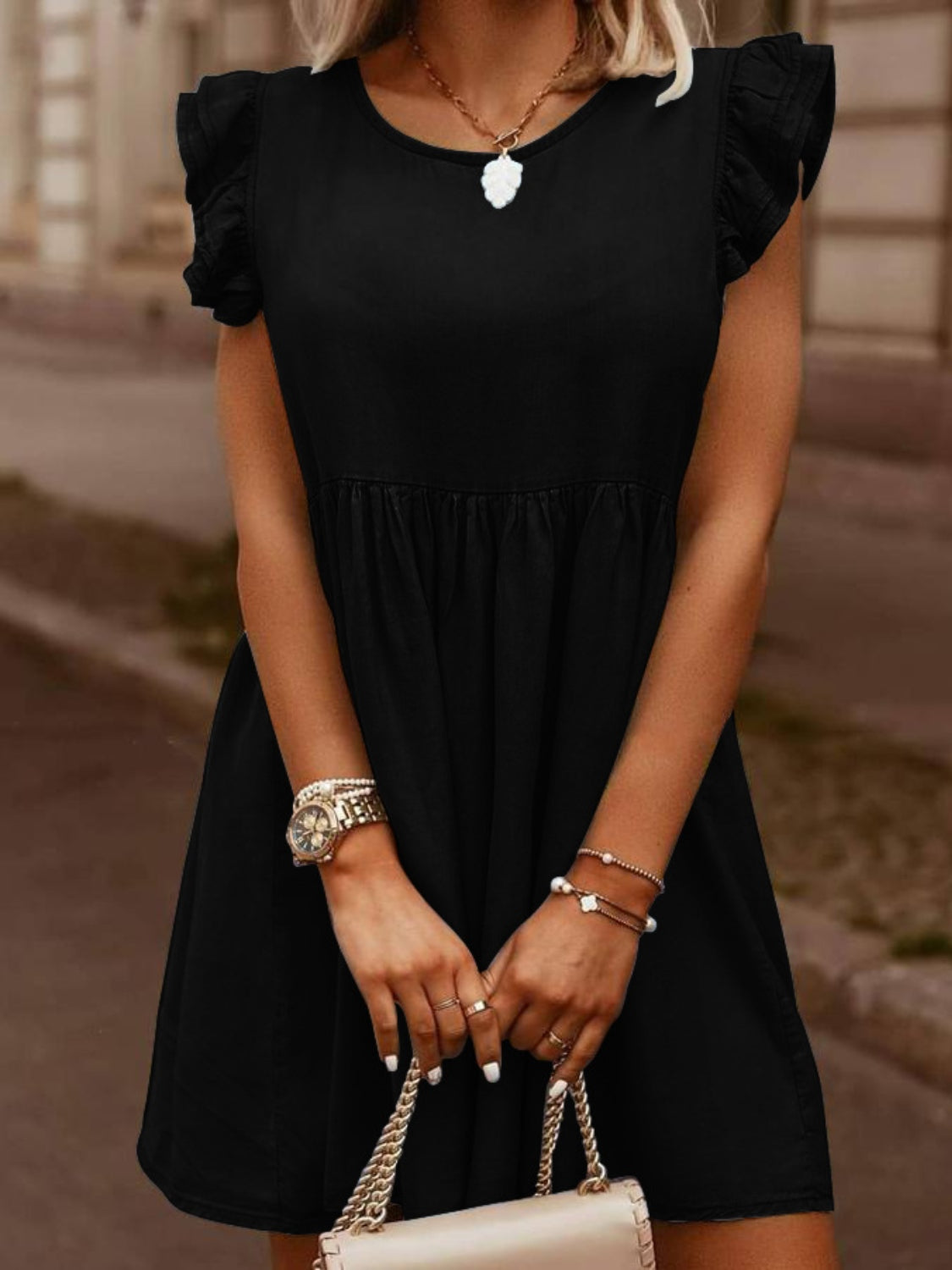 Hazel Blues® |  Ruffled Round Neck Cap Sleeve Denim Dress