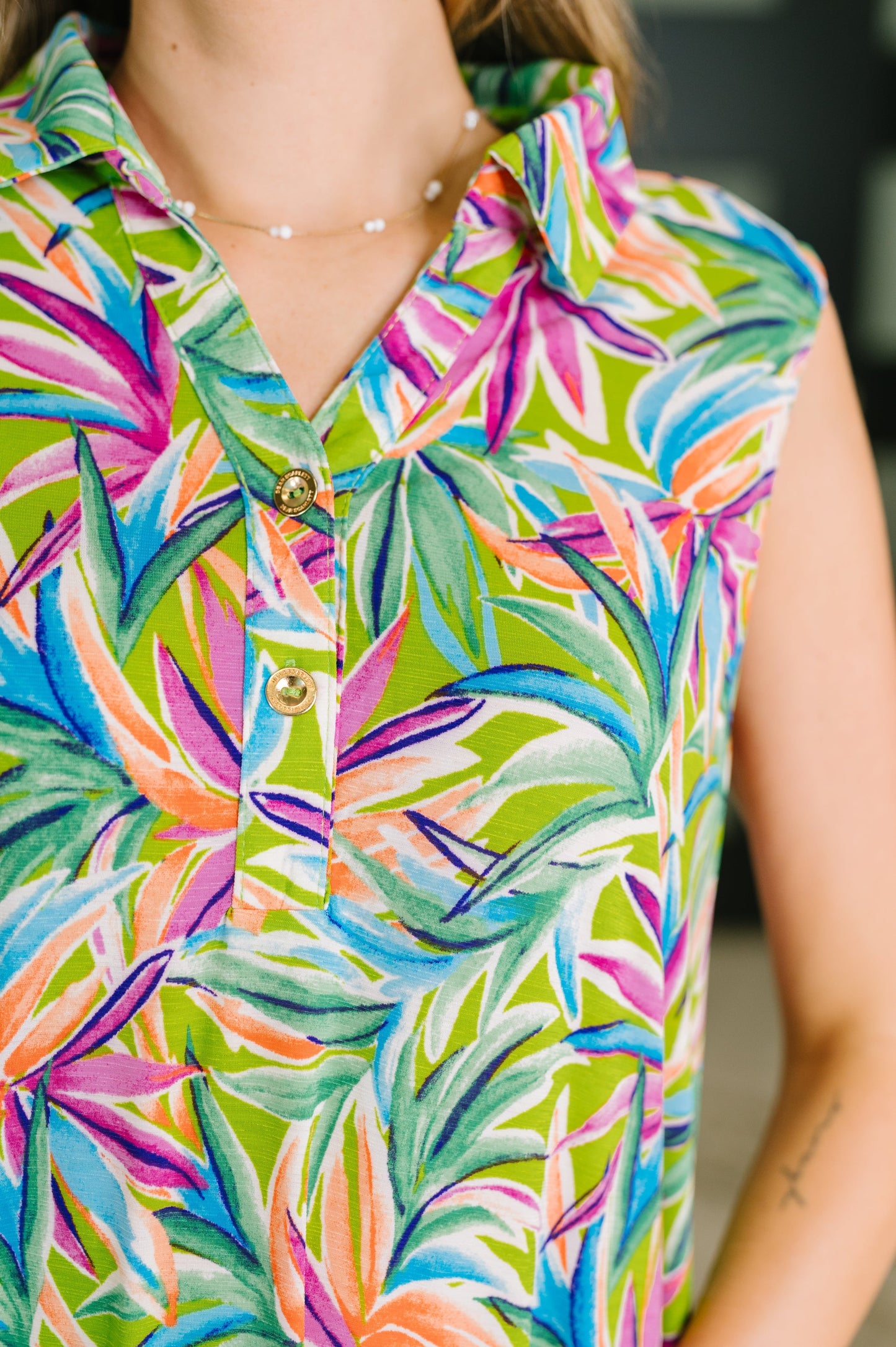 Hazel Blues® |  Coral Sands Collared Tank Dress in Spring Palms
