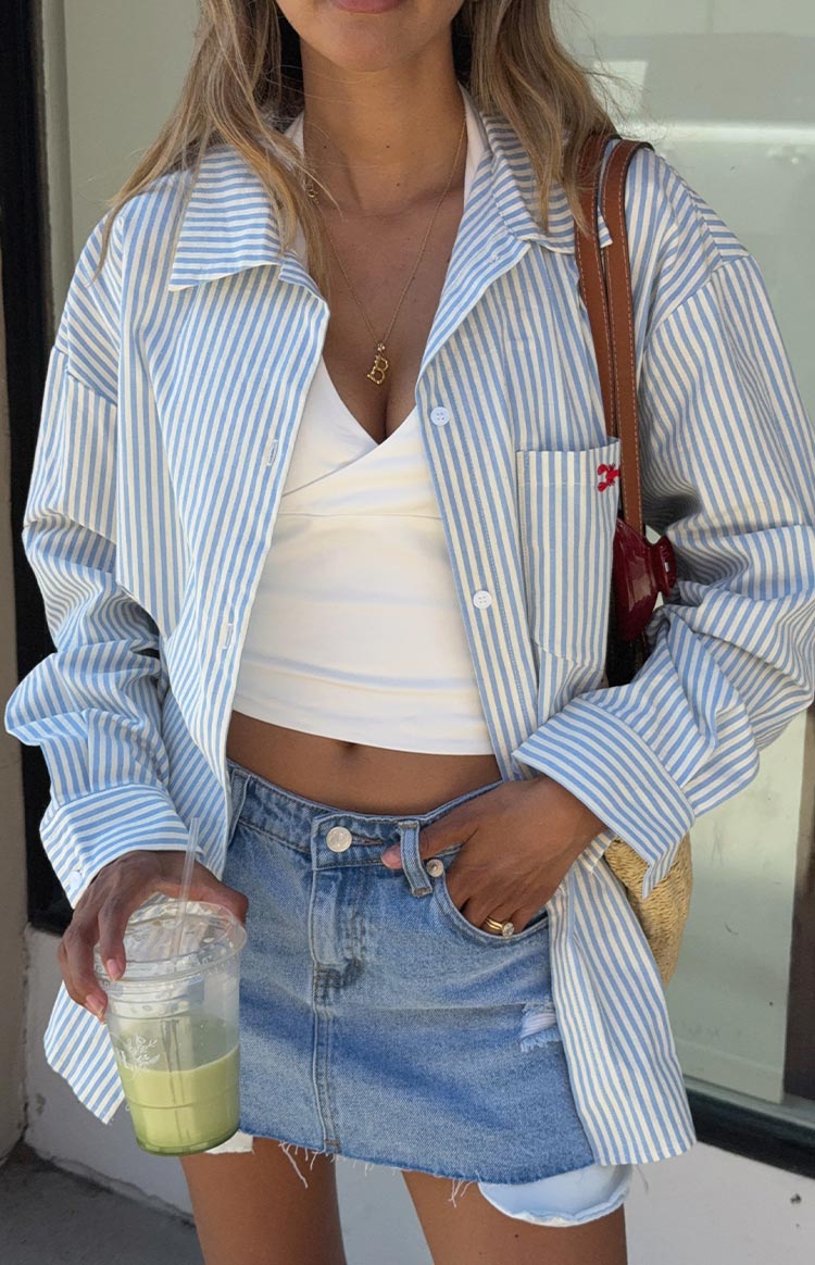 Lola Blue Stripe Embroidered Button Up Shirt