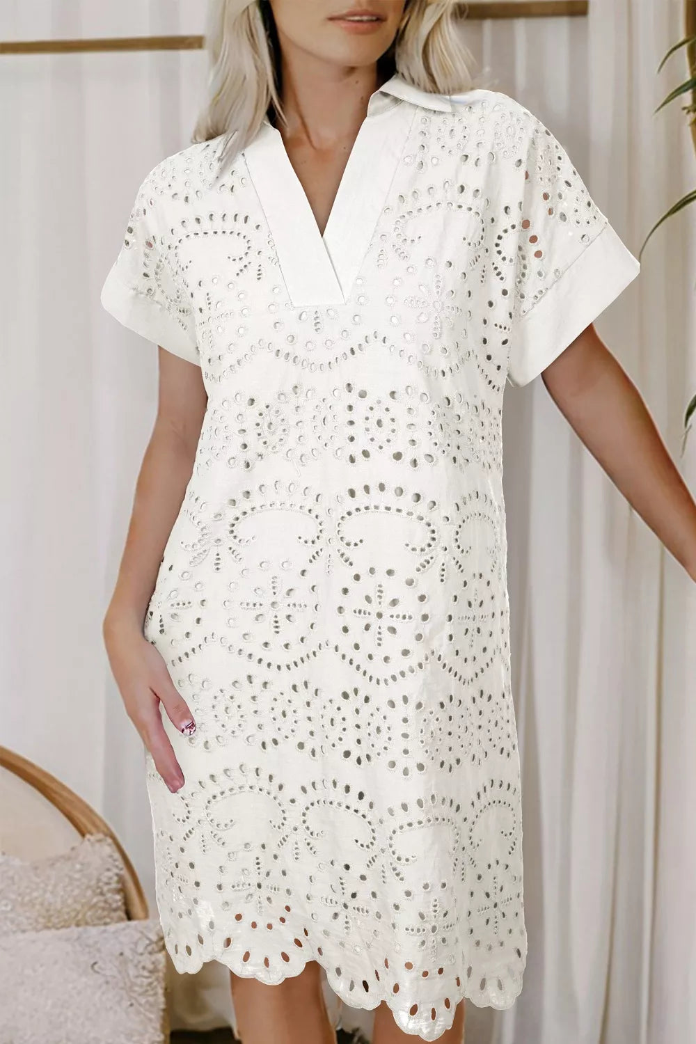 Hazel Blues® |  Solid Color Eyelet Embroidered T Shirt Mini Dress