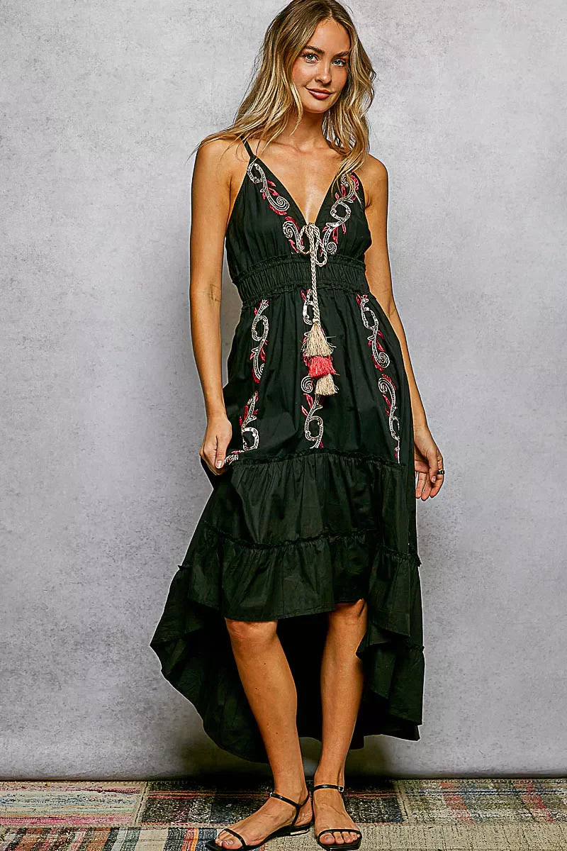 Hazel Blues® |  POL Embroidered Detail Tassel Tie Smocked Waist Midi Tiered Cami Dress
