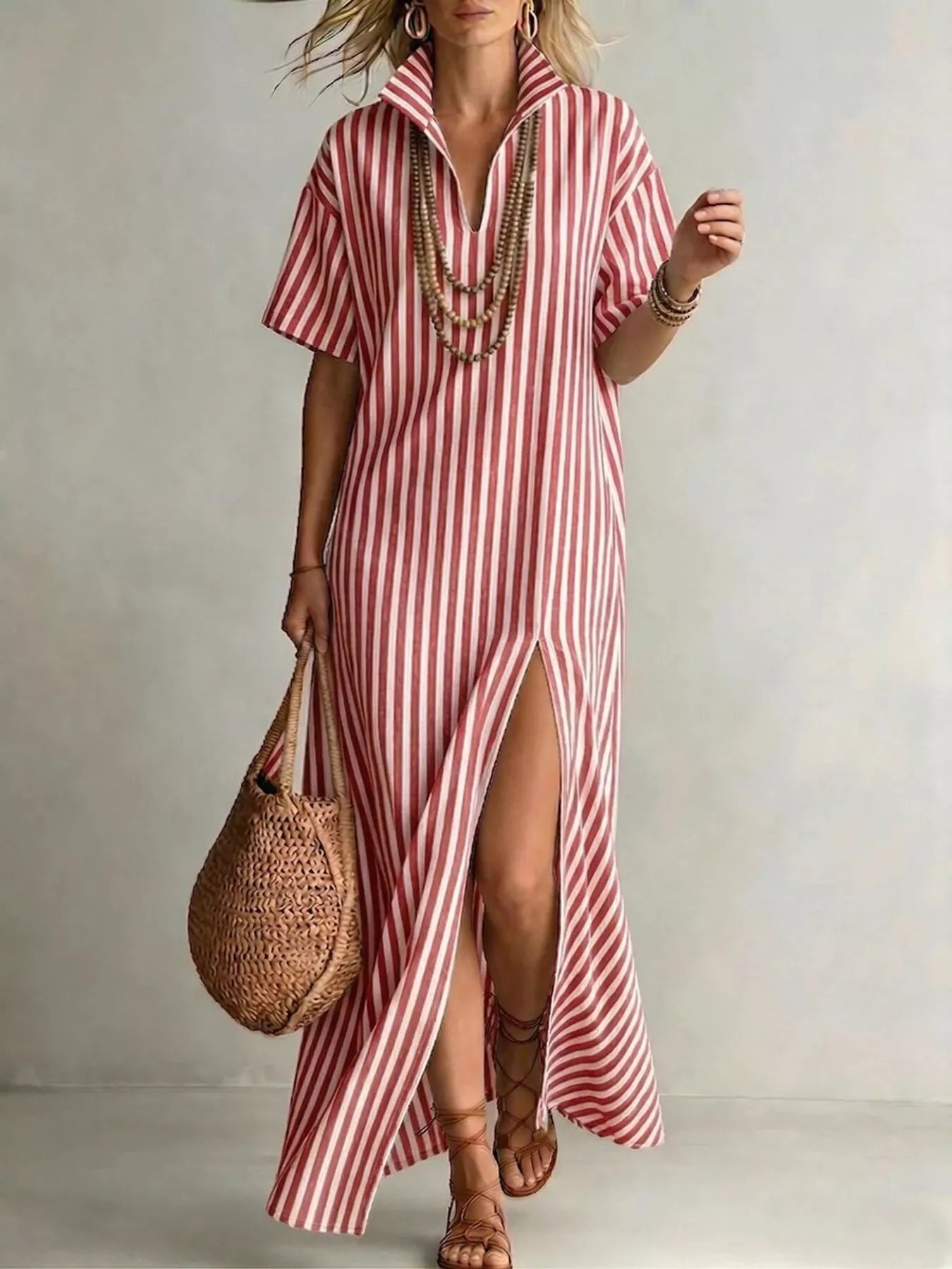 Hazel Blues® |  Striped High Slit Maxi Shirt Dress