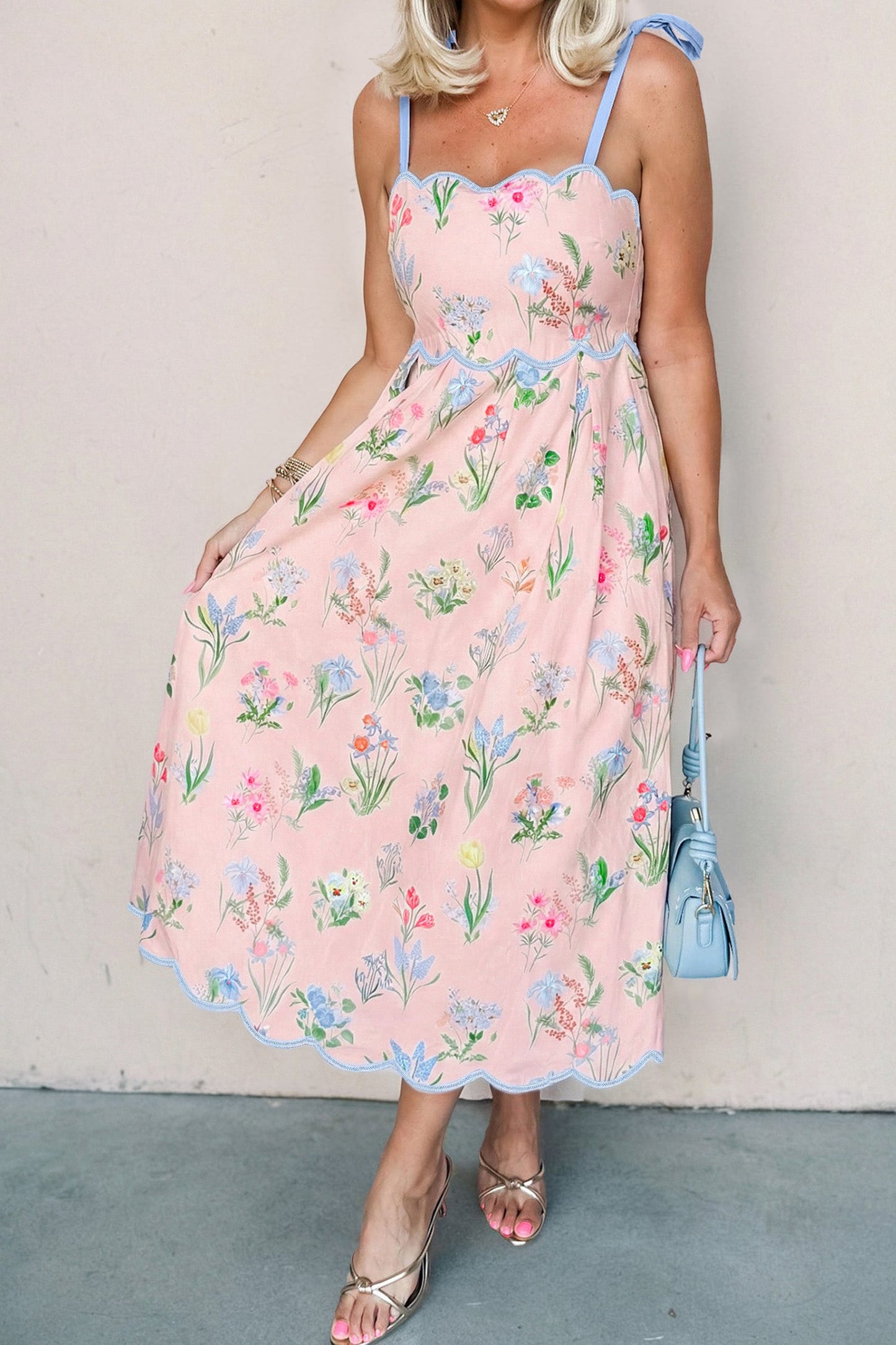 Hazel Blues® |  Yellow Floral Print Contrast Trim Self-tie Straps High Waist Midi Dress