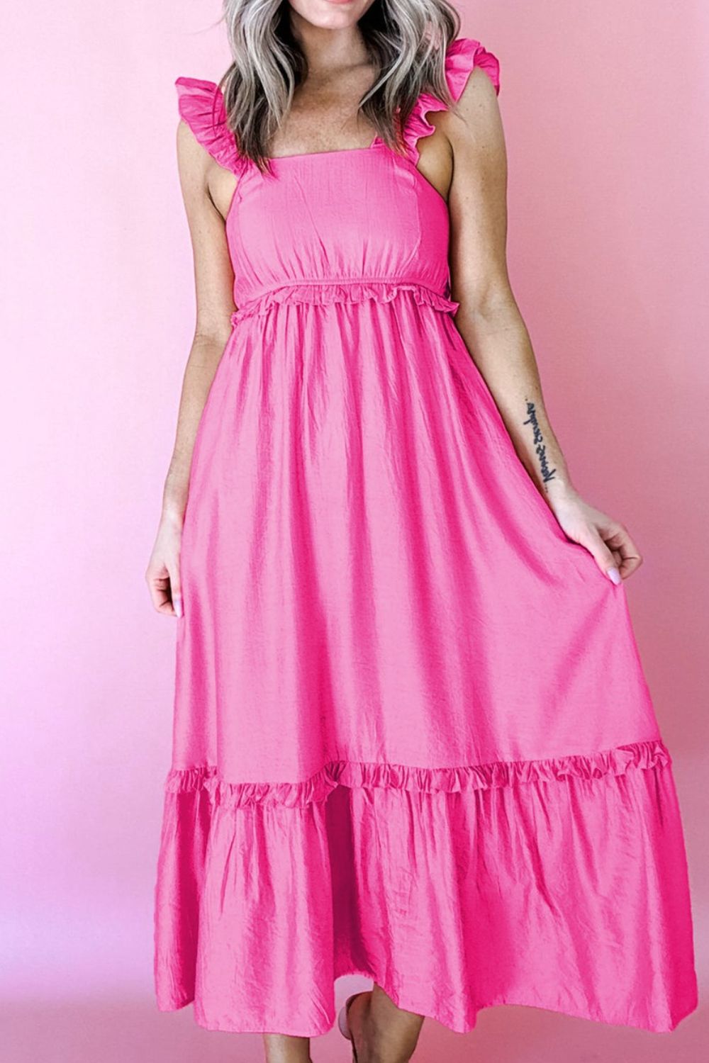 Hazel Blues® |  Solid Color Ruffle Trim High Waist Sleeveless Maxi Dress