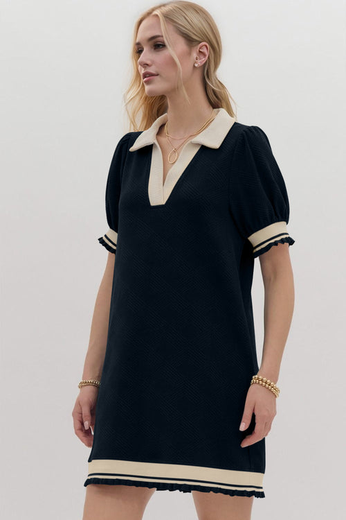 Hazel Blues® |  Oh Frill Contrast Trim Johnny Collar Short Sleeve Mini Dress