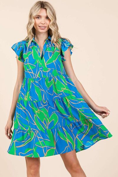 Hazel Blues® |  Mittoshop Leaf Print Ruffle Sleeve Tiered Mini Dress